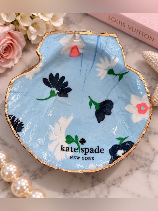 kate spade Jewelry - kate spade Blue Floral Shell Trinket Dish with Gold Rim